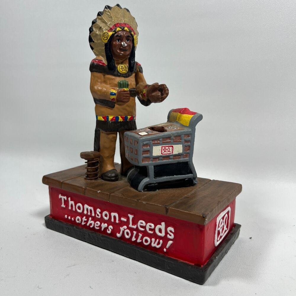 THOMSON LEEDS Mechanical Coin Bank Indian Chief Cast Iron POP Display Firm NY